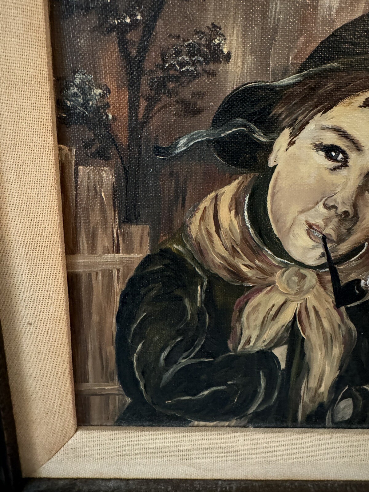 Vintage Gilt Wood Framed Oil on Canvas Smoking Pipe, Signed Man Cave