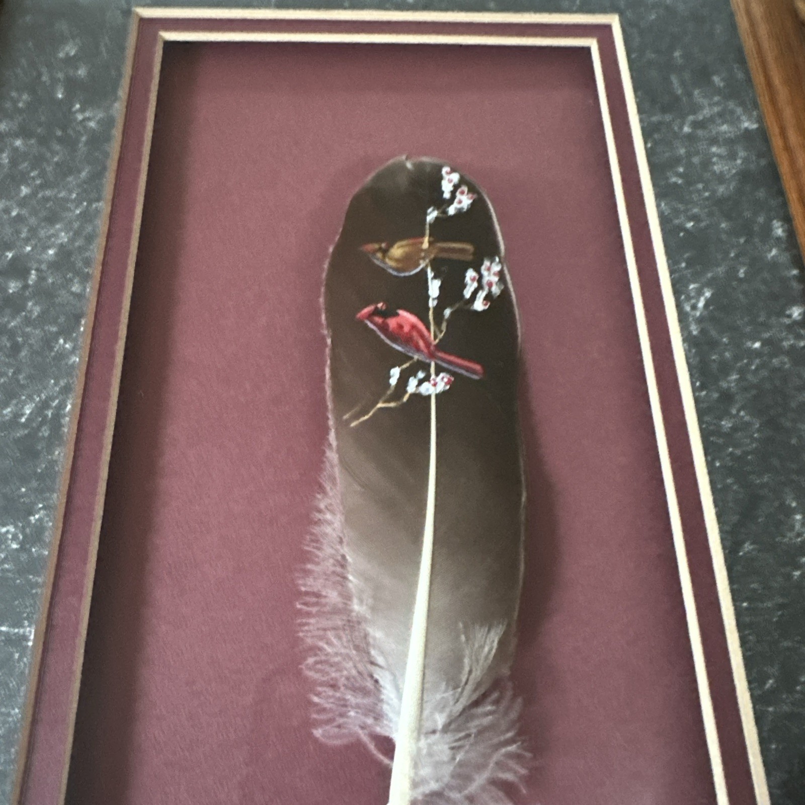 Hand Painted Cardinal on Feather Professionally Framed Original Folk Wall Art