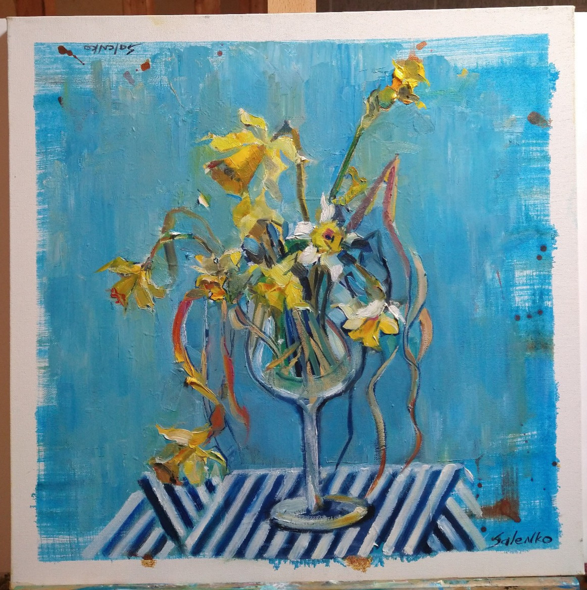 Original oil Still life 20″x20″, Flowers, Daffodils, Blue, Contemporary art