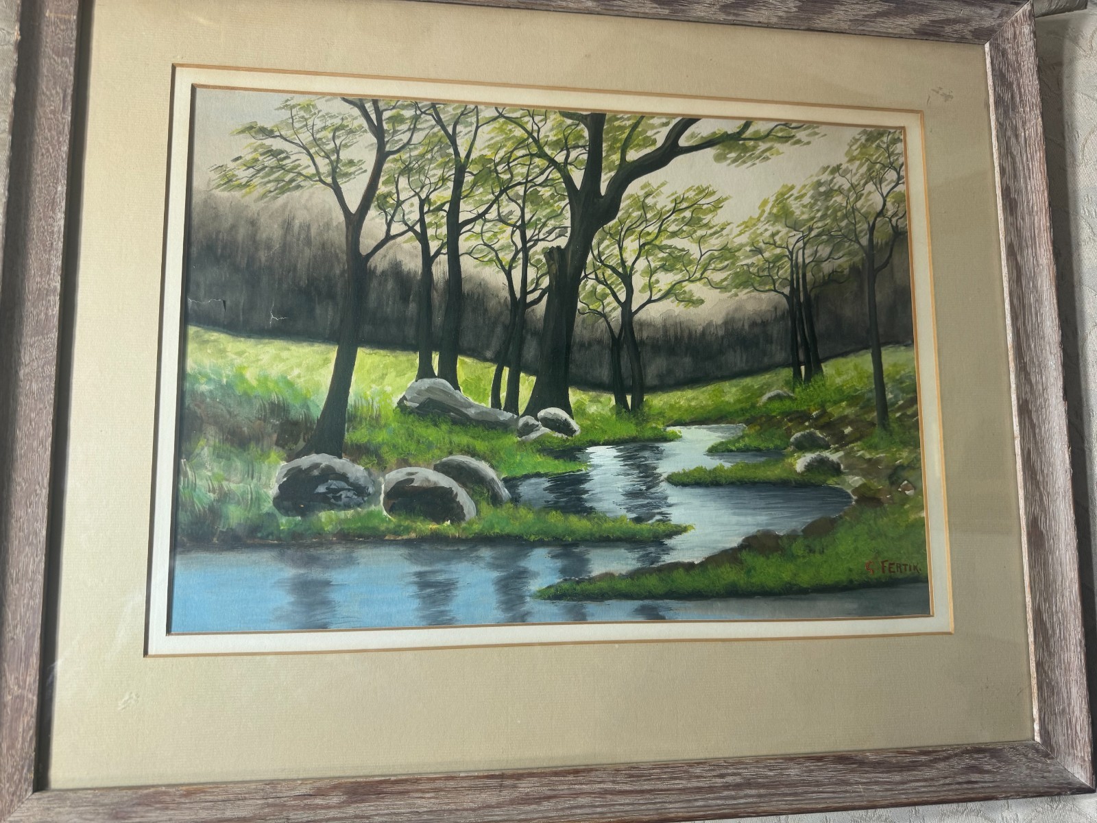 Vintage G Fertik «Stream And Landscape Scene» Watercolor Painting -Signed/Framed