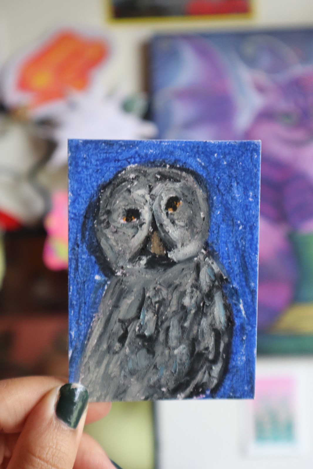 ACEO original bird owl art impressionism 2.5″ x 3.5″ oil pastel «Who»