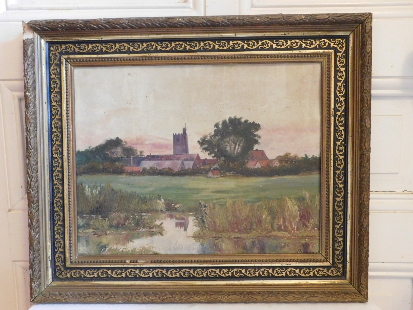 Oil Painting On Canvas «View Of Village Medieval Tower And River» Stucco Frame