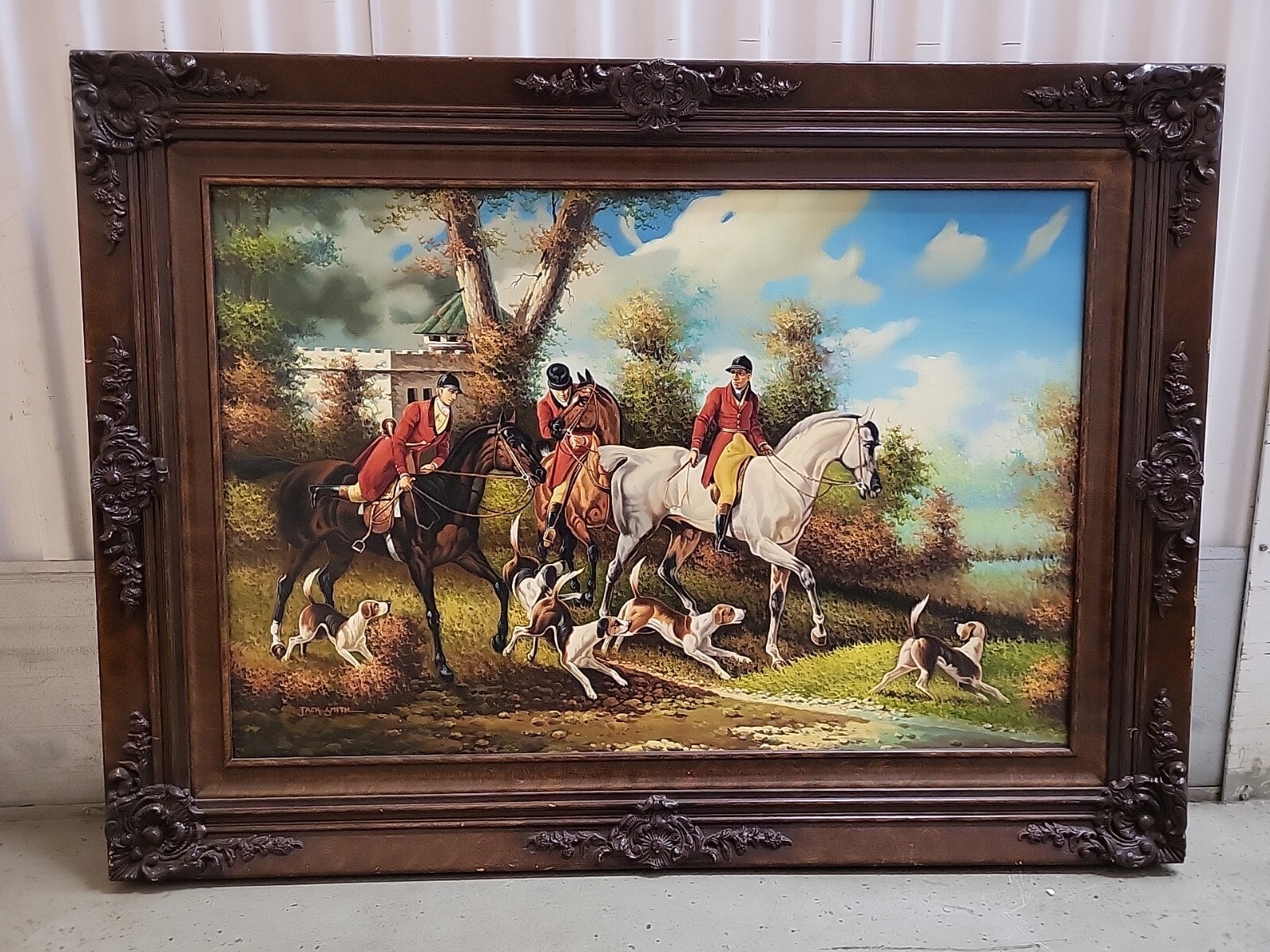 Jack Smith Large Signed Oil Painting Hunting Scene Horse Dog 45″x34.5″
