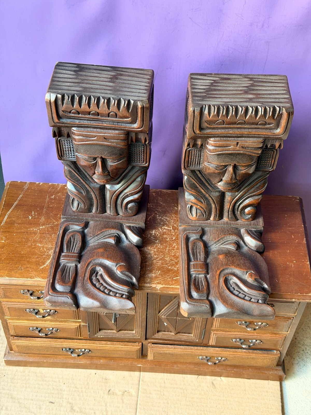 Vintage Honduran Hand Carved Wood Bookends Mayan Tribal Art Pair 9″