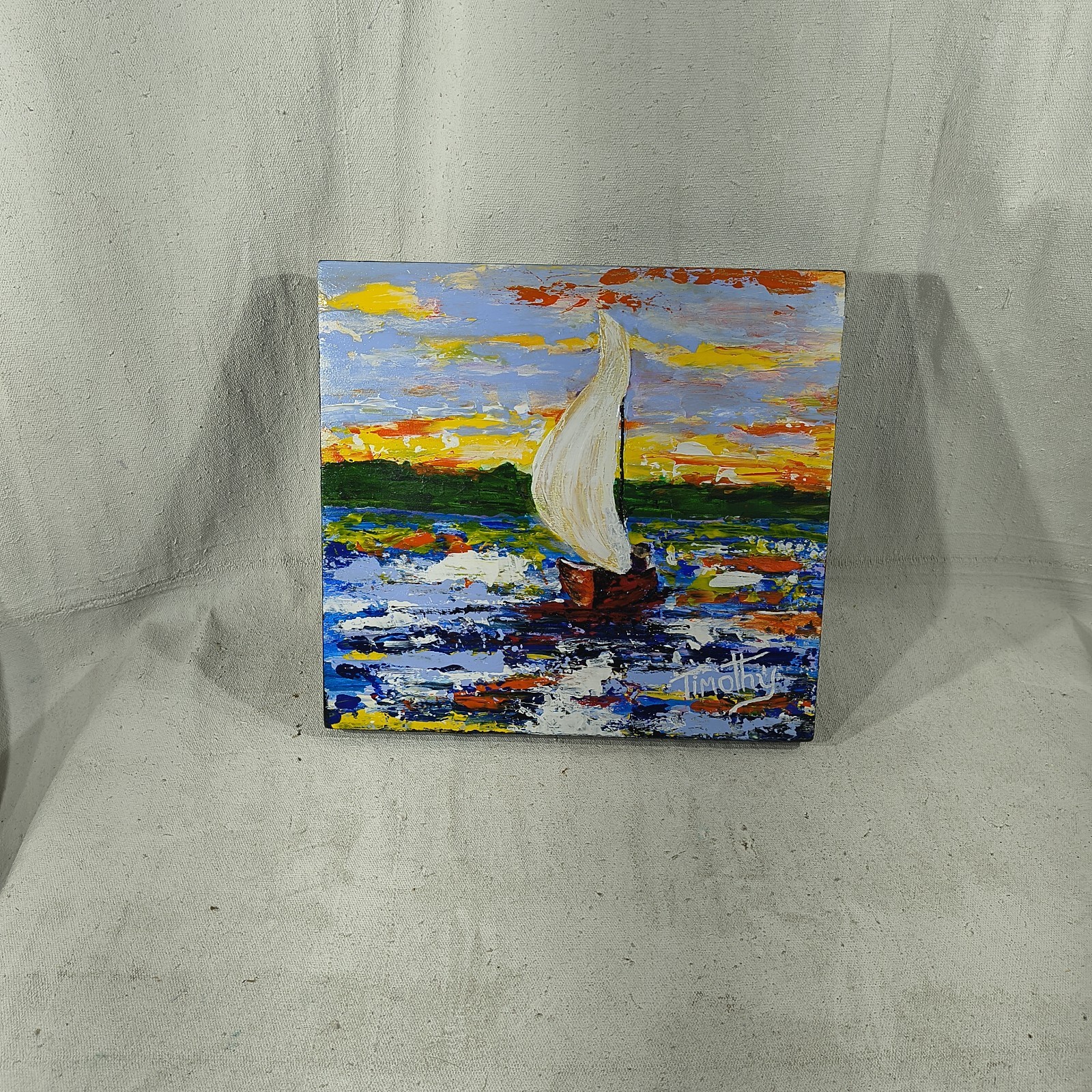 Original Acrylic Painting » Sunset Sail» 12″ X 12″ By Timothy Designs