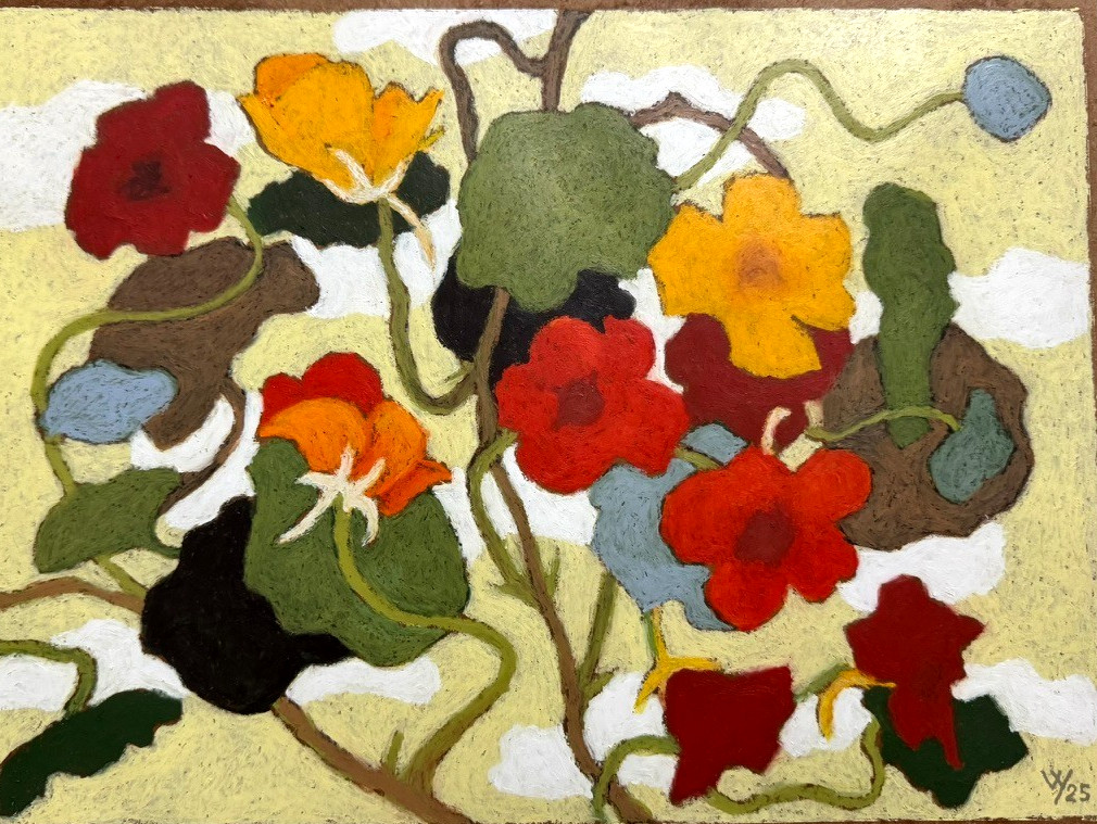 Nasturtiums Original Oil Pastel Art Drawing Painting 11″x 15.5″ Floral Abstract
