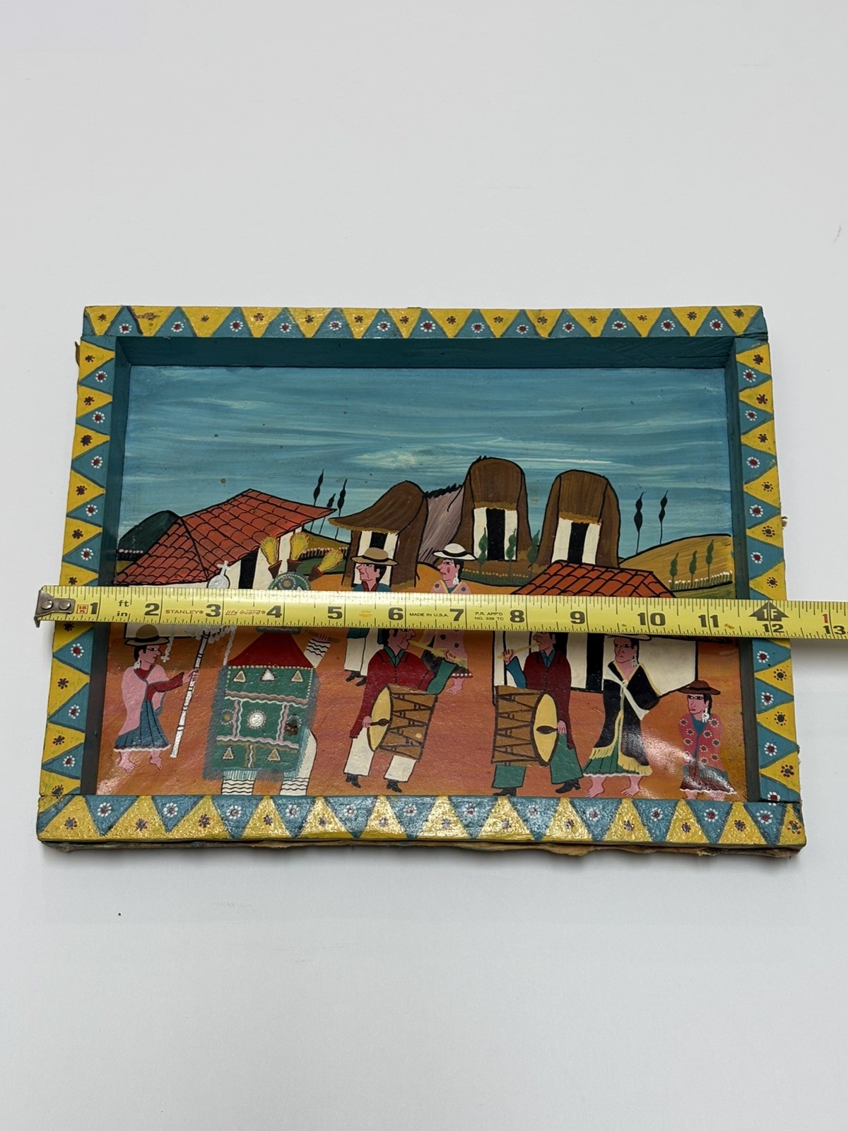 Vtg Hand Painted Peruvian Folk Art On Animal Hide Signed & Framed Original