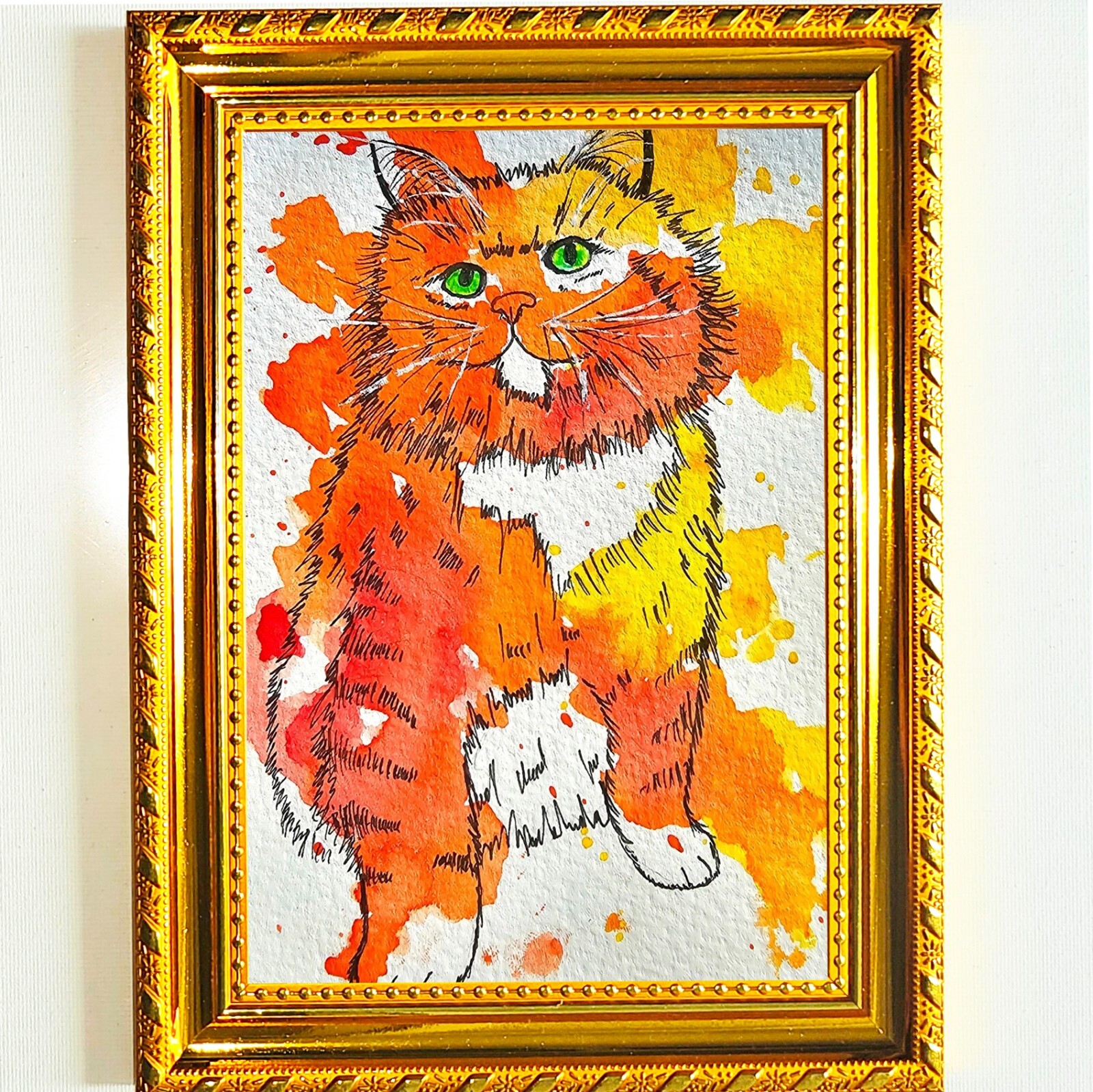 Cat portrait colorful cat with original watercolor painting original watercolor