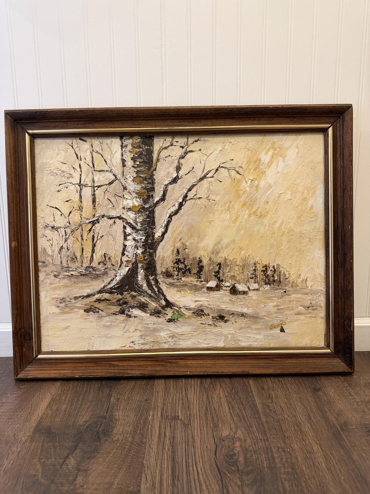 Vintage Framed Original Oil Painting -Winter Landscape Birch Tree -Framed Art