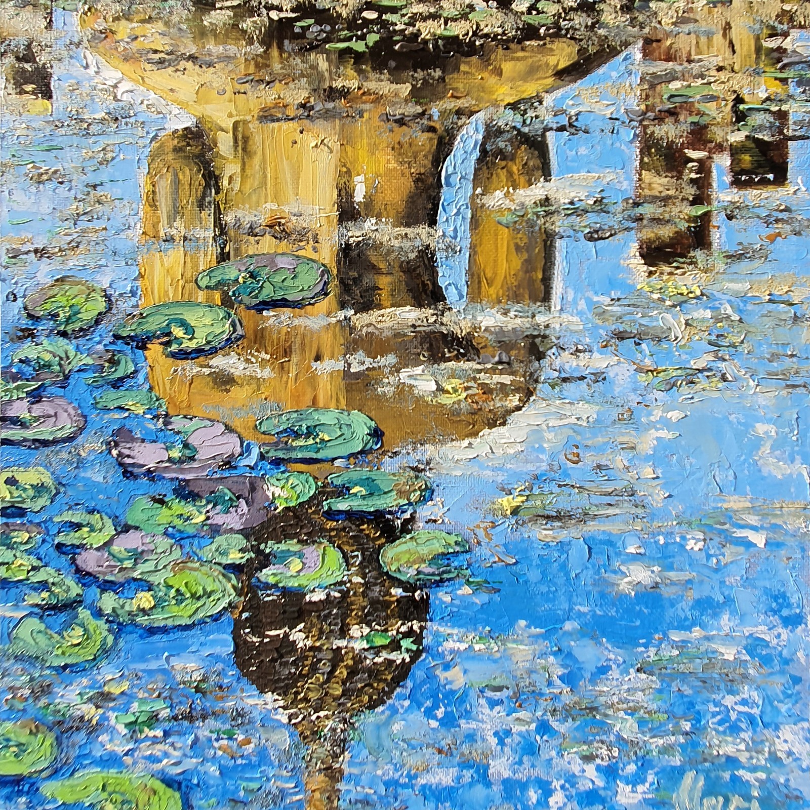 Buddha Reflection Painting Water Lily Pond Spiritual Zen Wall Art Original Oil