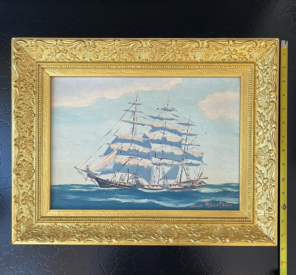 Antique Artist Signed Clipper Ship Maritime Seascape Oil Painting American c1925
