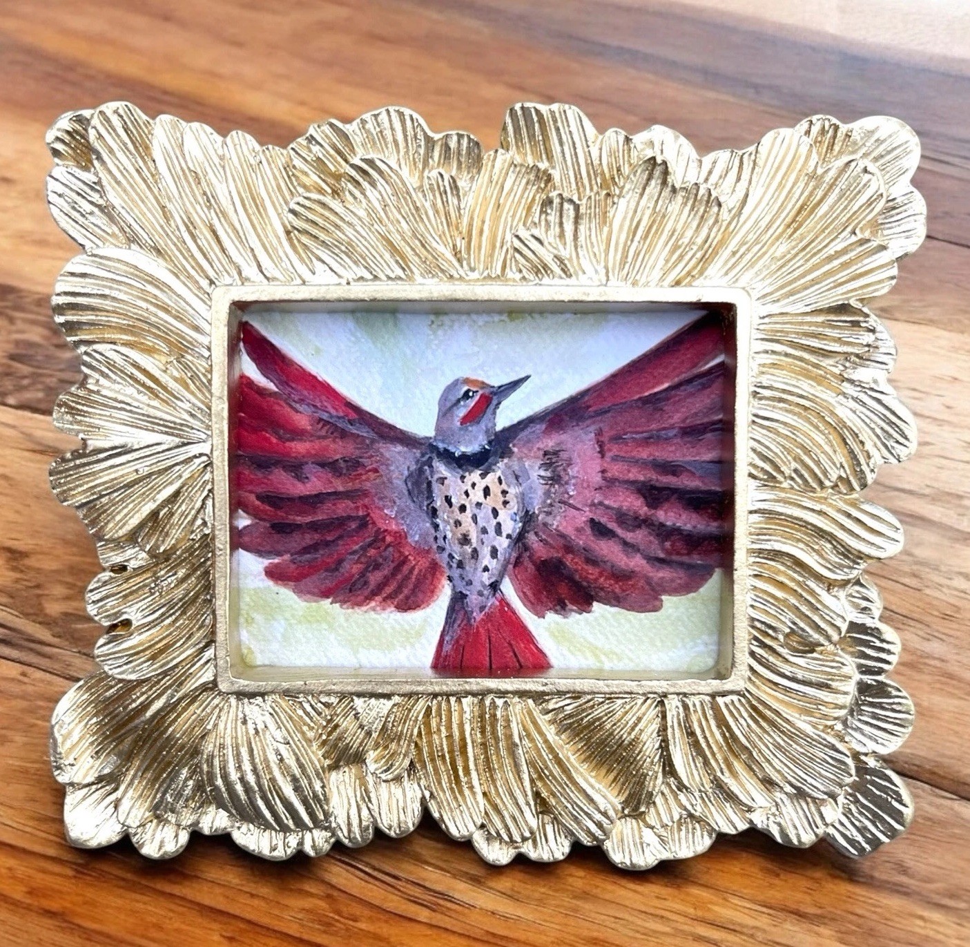 Flicker Woodpecker mini watercolor bird print in gold vintage style ornate frame
