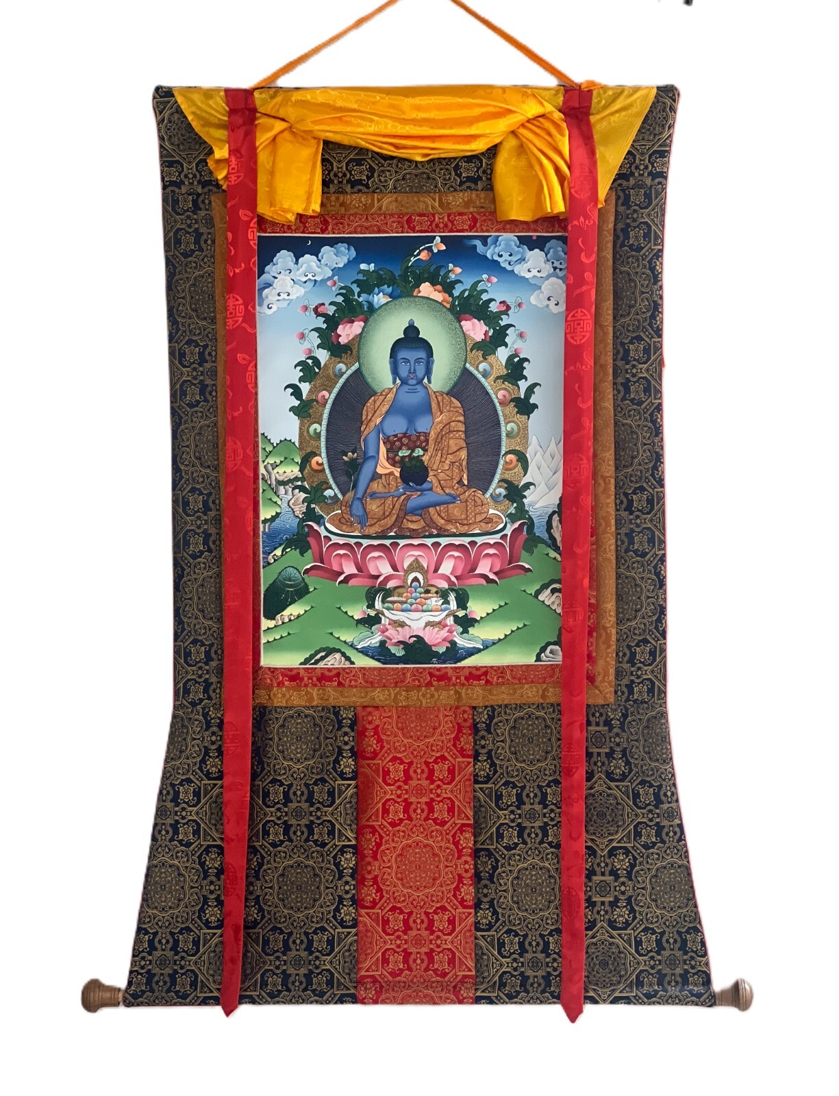 MEDICINE BUDDHA DIGITAL GICLEE TIBETAN THANGKA PRINT WITH PREMIUM SILK BROCADE