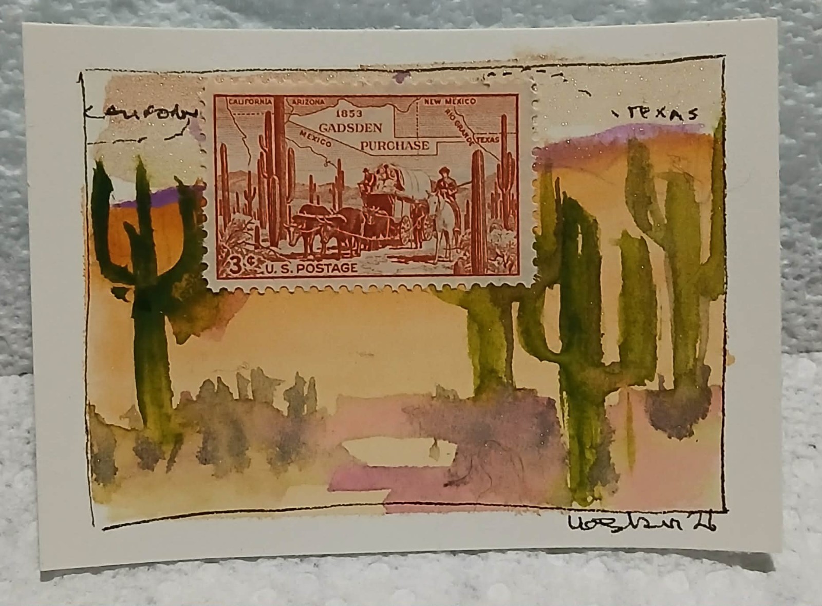 3¢ Gadsden Purchase Postal Whimsy OOAK ACEO Watercolor Desert Map by Virginia