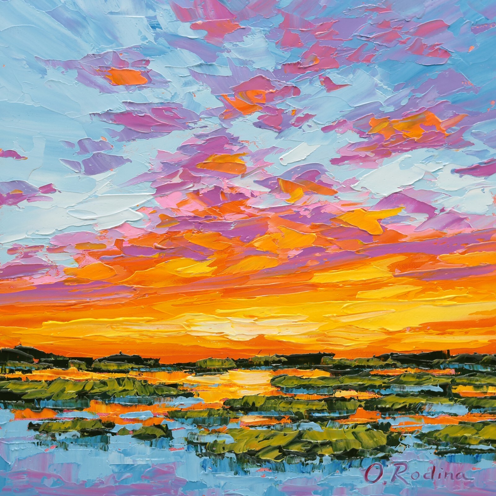 Sunset Over Marsh Painting Oil Original Low Country Art Evening Sky Scenery Art