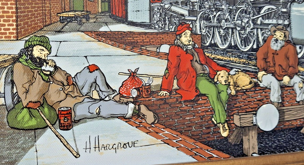 H. Hargrove Oil Painting FREIGHT DEPOT Hobos Train COA Framed 19.5″ x 15.5″