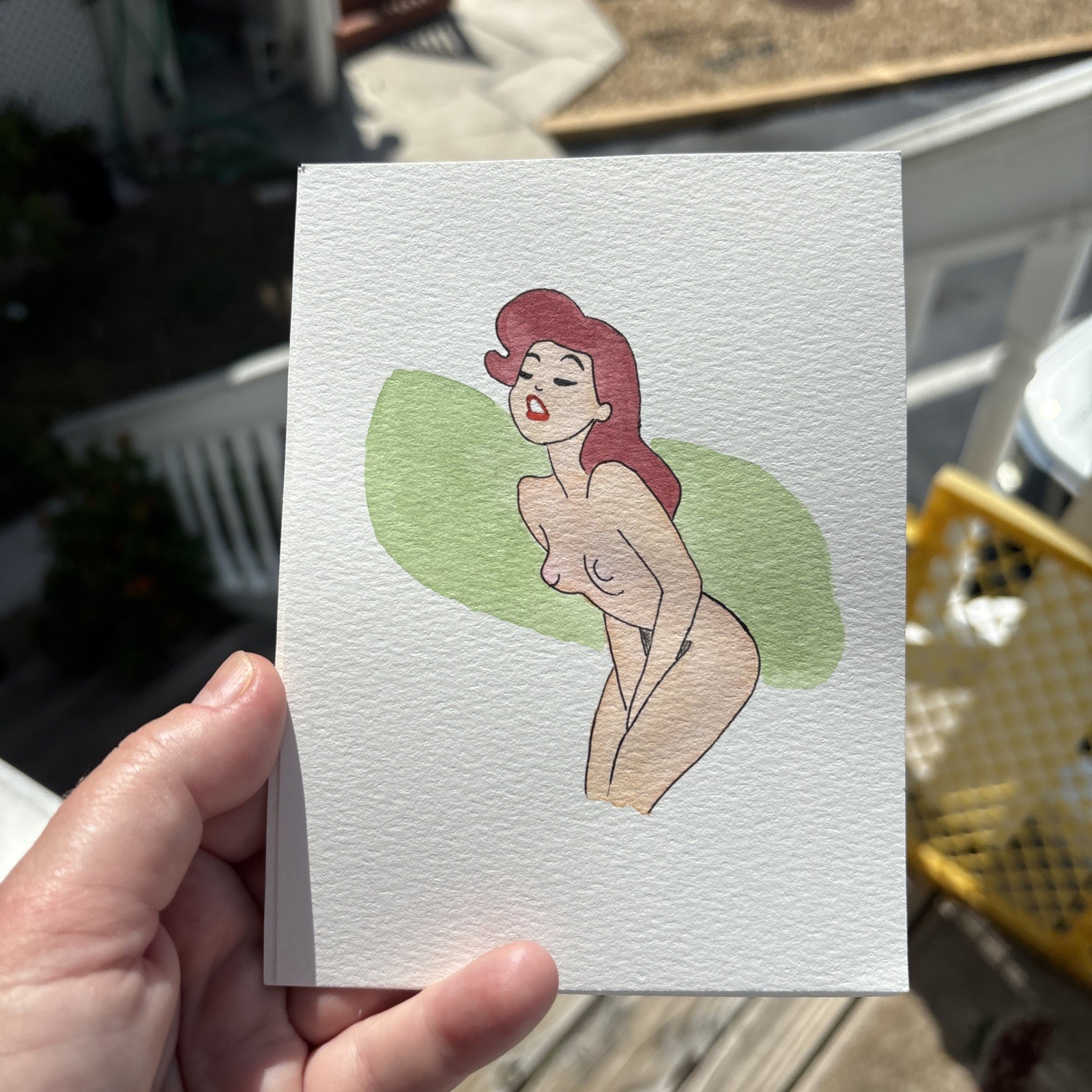 Original Art ACEO Miniature Painting ATC Burlesque Sexy Girl Bending Red