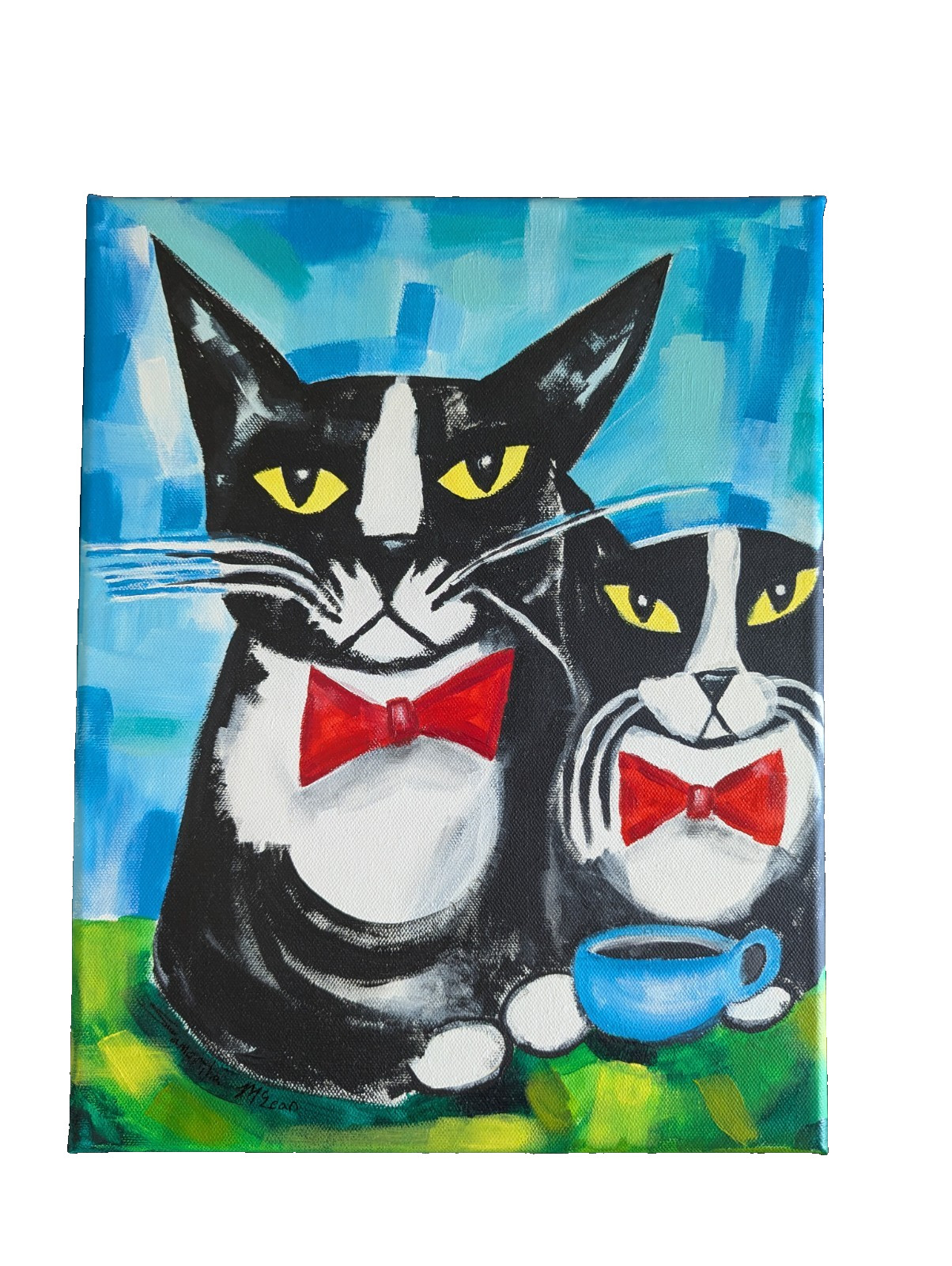Cat Painting Original Collectible Modern Tuxedo Coffee Folk Art Samantha McLean
