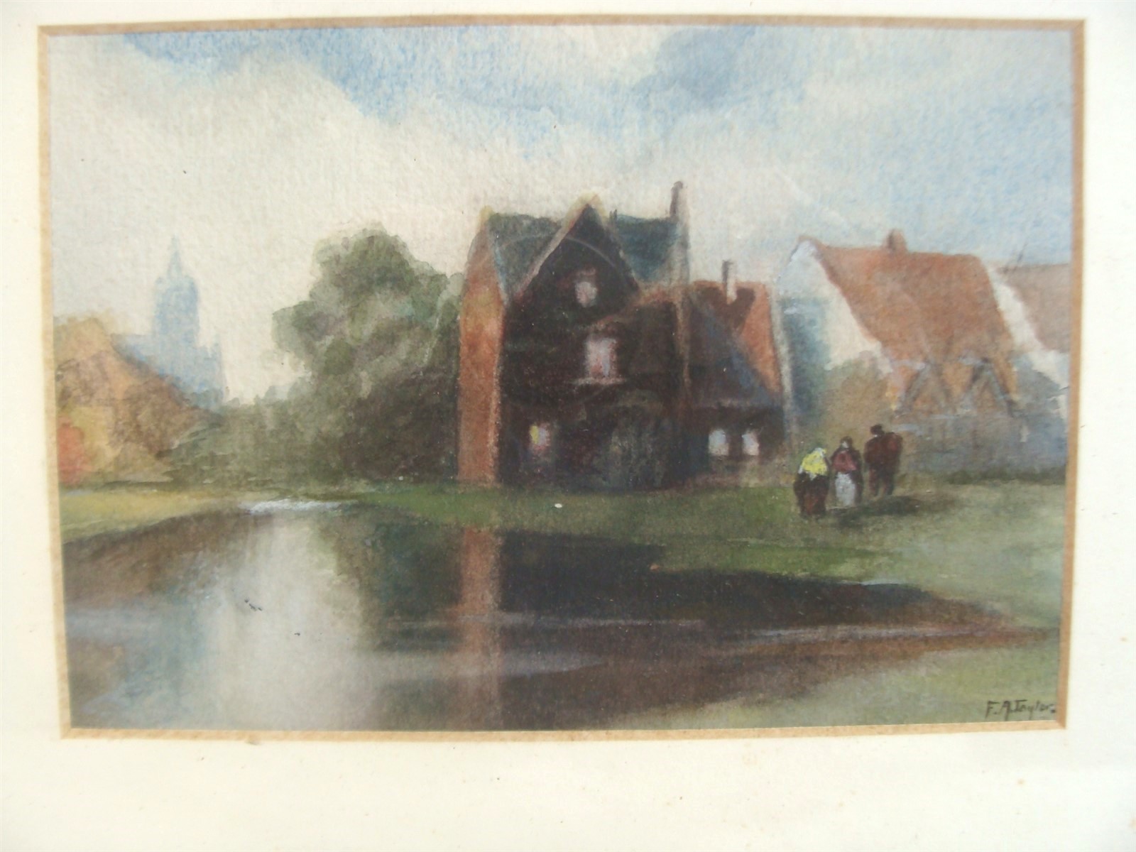 Antique F A Taylor Lake Cityscape W/ Figures W/C Painting