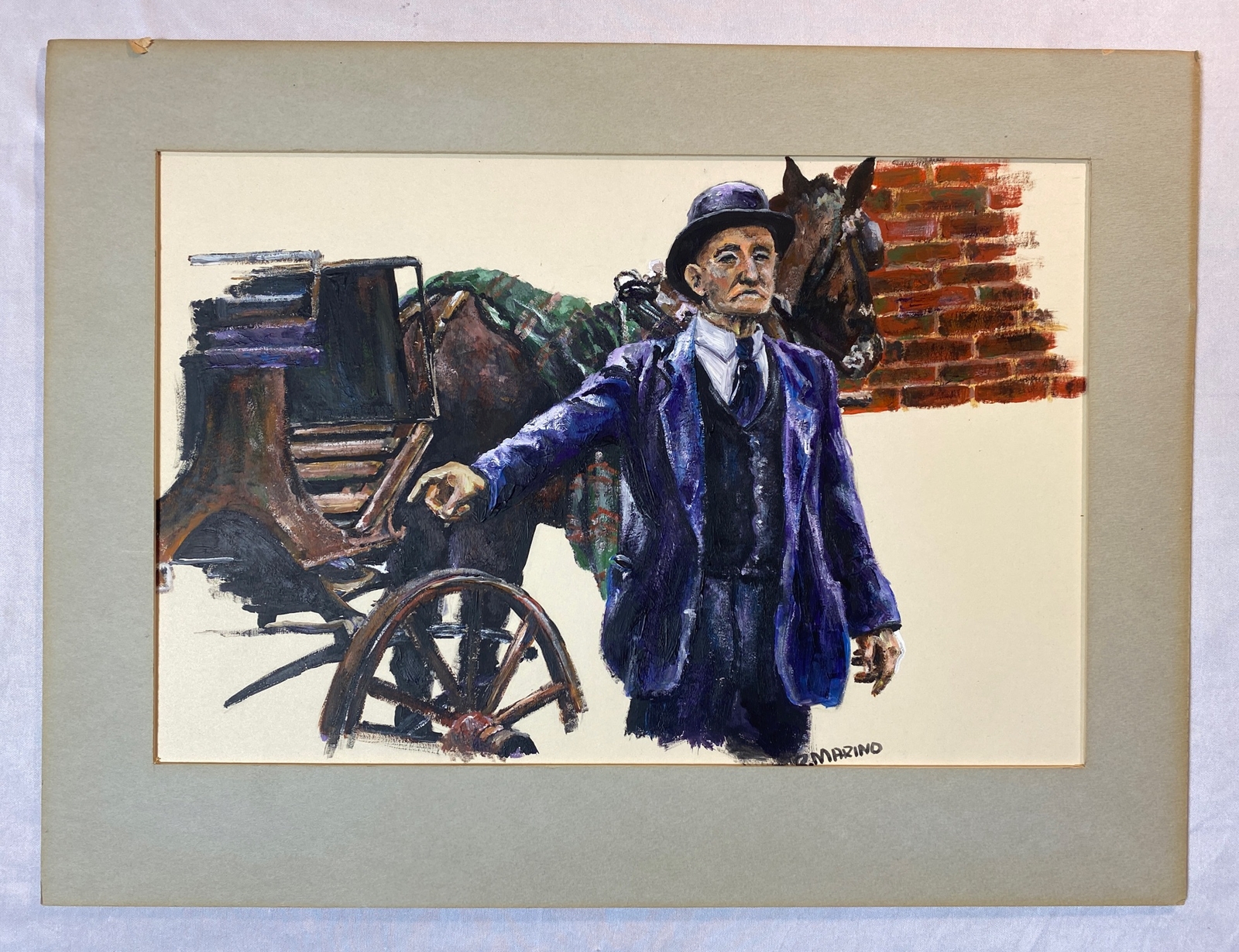 Vintage Original R. Marino Painting Man w/ Horse & Buggy Signed