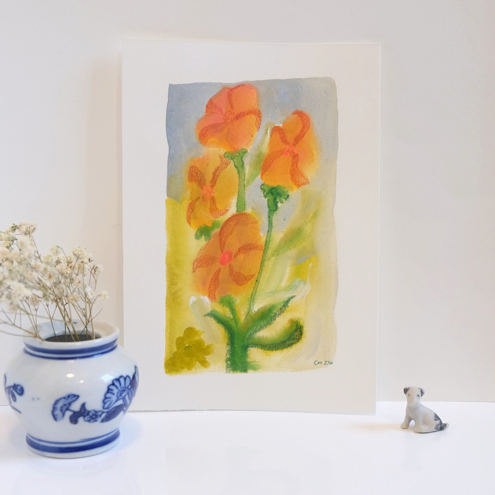 Orange Striped Petunias Garden Gouache Flower Painting 100% Cotton Paper 5.5x 8″
