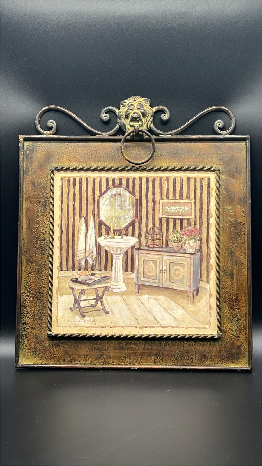 2 PC C Winterle Olson Metal Wall Art Vanity Powder Room Lions Head Knocker 16×14