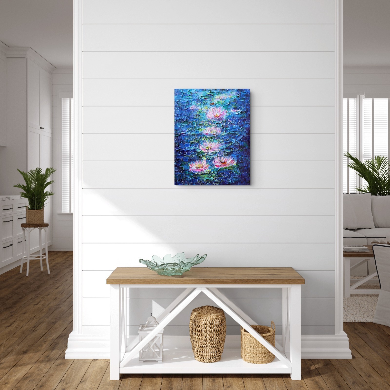 Water Lily Painting 11×14 Original Textured Blue Pond Canvas Art