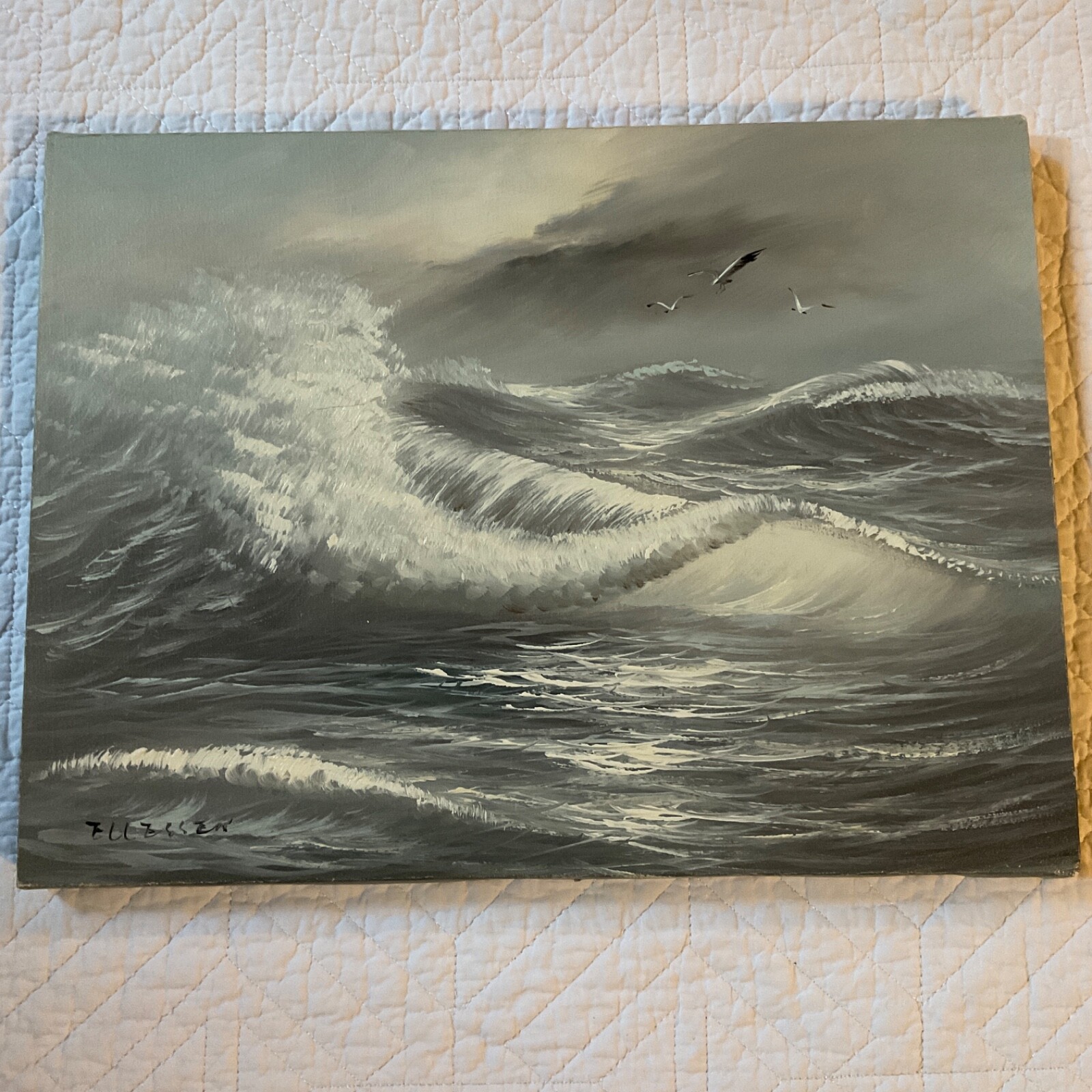 Vintage gray seascape ocean hand painted original PAINTING by Ellessen waves