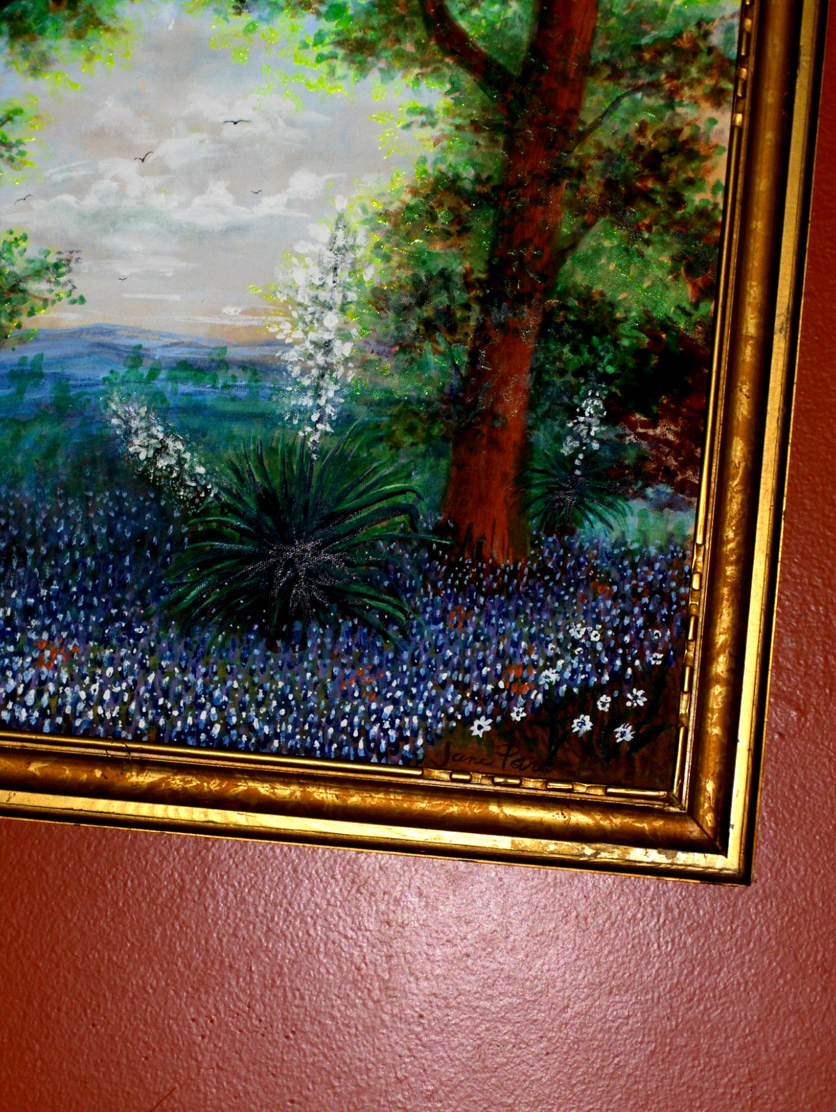 GORGEOUS Original Bluebonnet Landscape Bird Sky Blooming Yucca TX VINTAG Oil Art