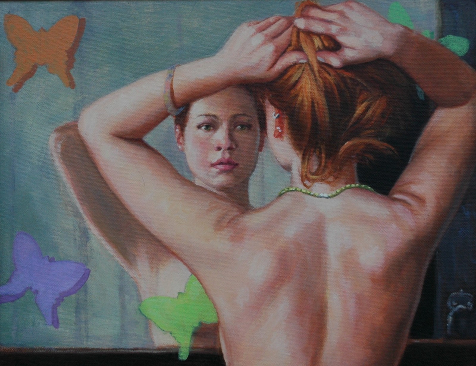 Oil on Canvas of a Semi-Nude Redheaded Woman Looking In A Mirror by Tim Maher