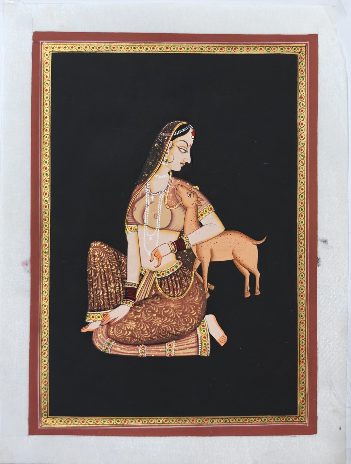 Exquisite Indian Silk Painting Wall Decor – Royal Lady & Deer Ethnic Boho Art