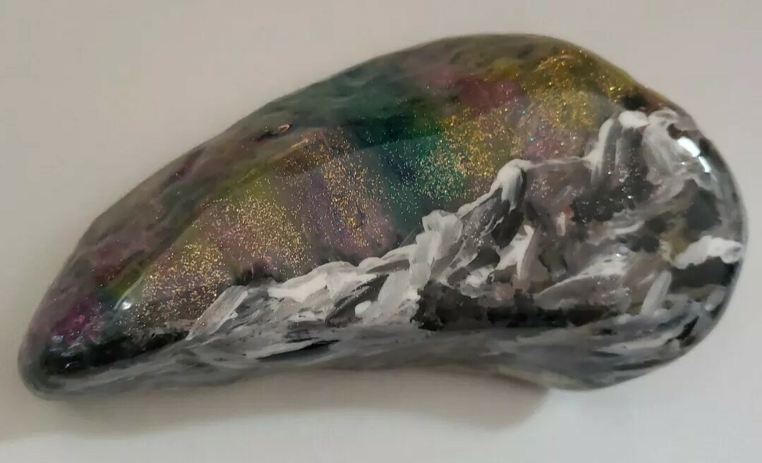 Painted Rock PNW Ocean Rock Aurora Borealis with Mountain.