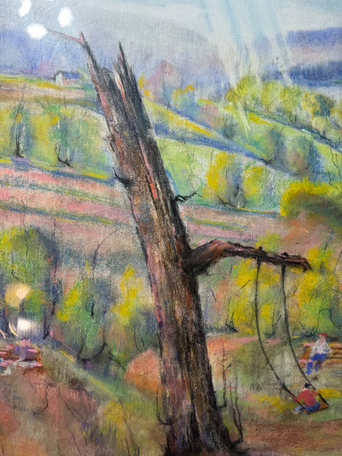 Huge Richard D. Schultz (1915 – 2007) «Children In Park» Pastel Painting -Framed