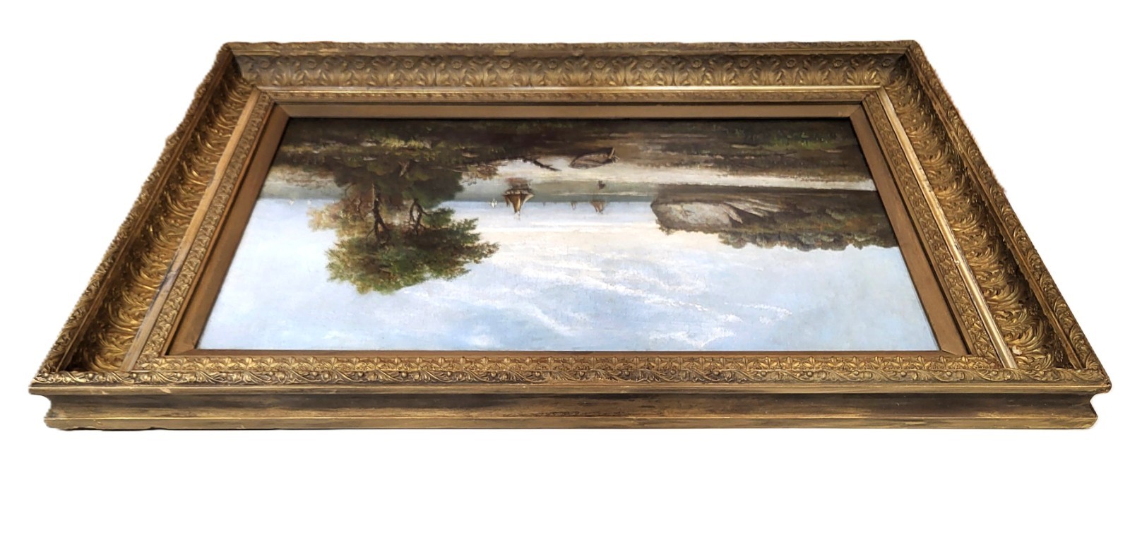 X-Large ANTIQUE Gilt Framed 19th C SEASCAPE Coastal SAILBOAT Scene OIL PAINTING