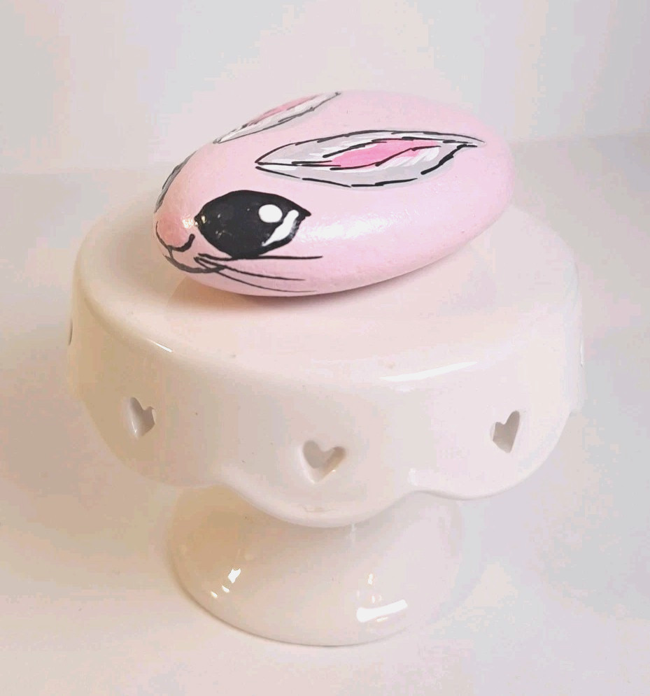 Pink Bunny Rabbit River Rock Hand-Painted Ozark Mountains Folk Art Decor 3″ Cute