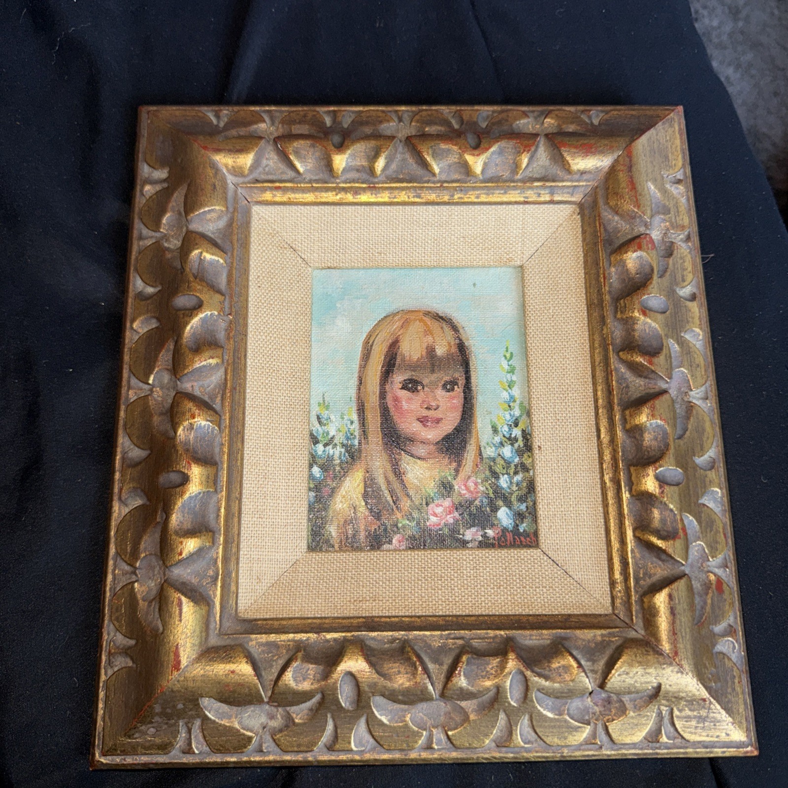 Vintage Child In A Garden Portrait Oil Painting Framed In Gold Frame 10”X9”