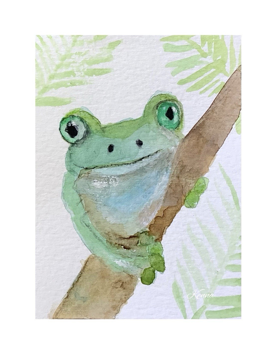 ACEO By Kenna Gouache Painting Green Frog 2.5” X 3.5” Signed Original ÀTC