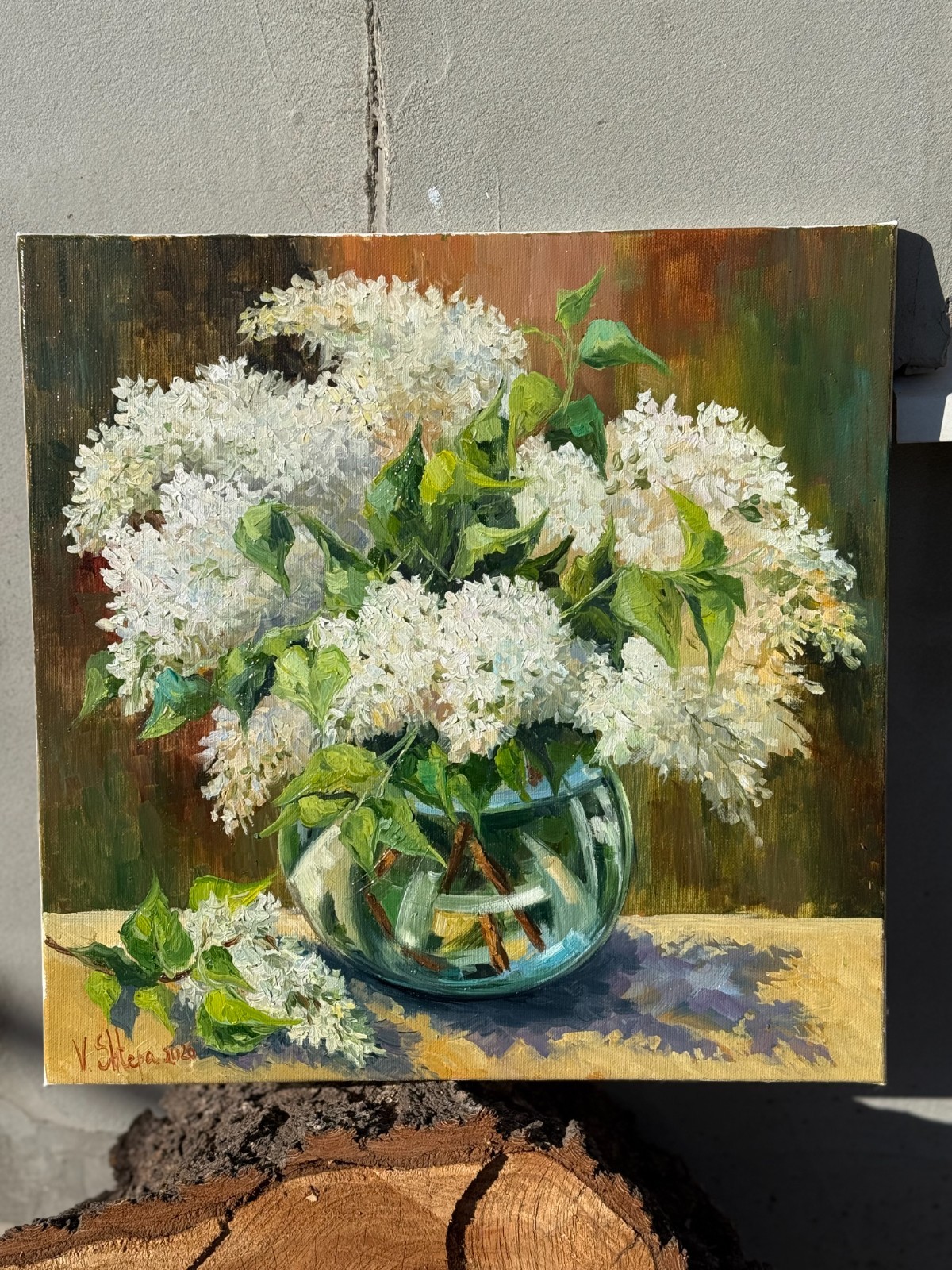 Original Oil Painting White Lilac Flowers Spring Still Life Art Signed 16×16 in
