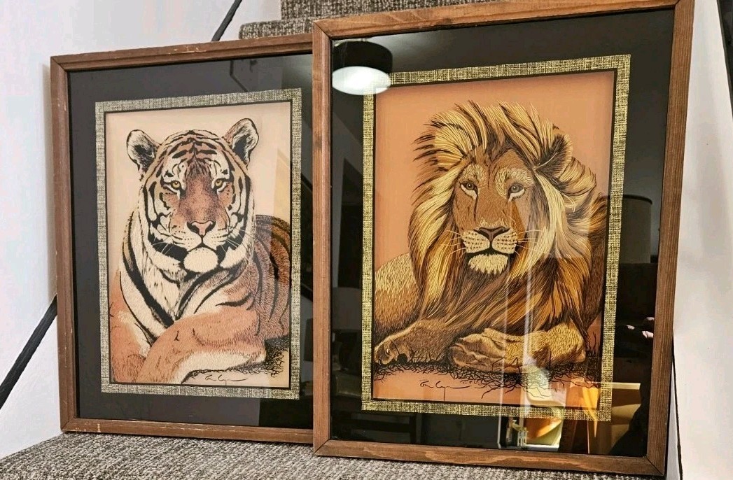 Rare 2 Framed Reverse On Glass Tiger Lion Lulu’s Inc Vintage 77′ Wall Art Retro