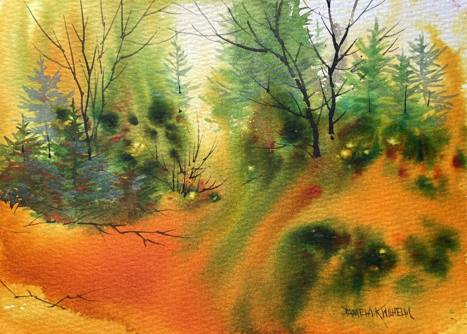 Pamela Wilhelm original Watercolor 5”x7” Fantasy Landscape In Orange & Green