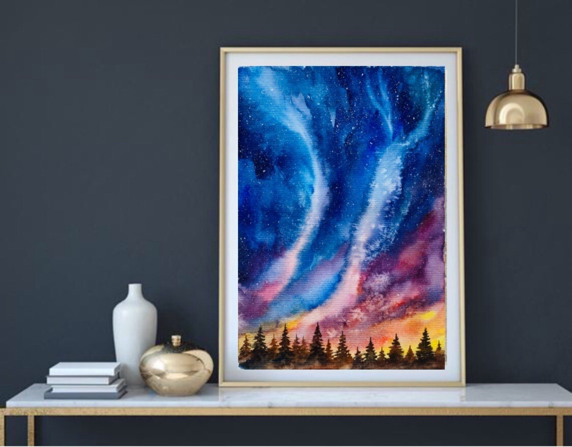 Original watercolor Art Aurora Borealis Painting Northern Lights Art Night Sky