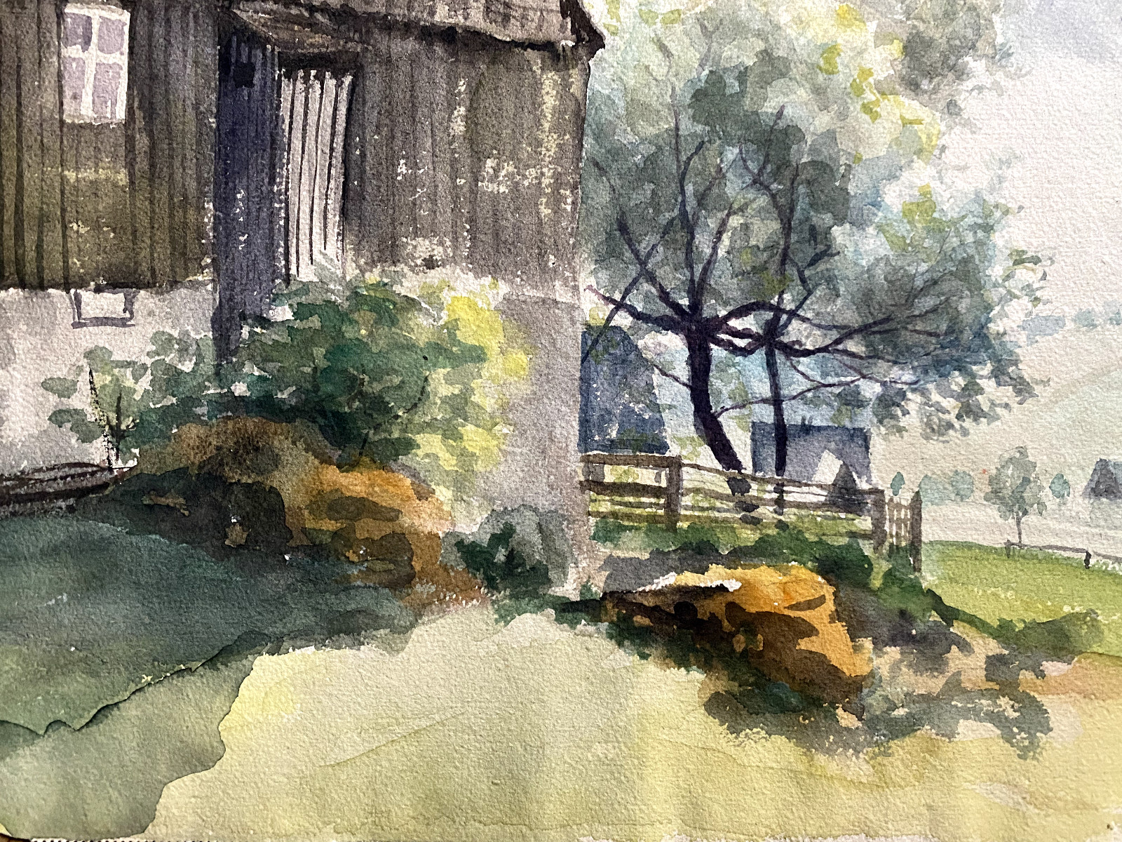 Watercolor/ Mixed Media Fields Trees Farmhouse Property Thuringia Barn