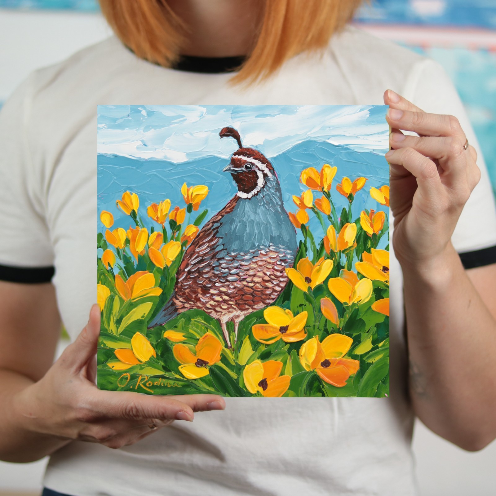 Quail Oil Painting California Poppy Flower Art Original Impasto Bird textured