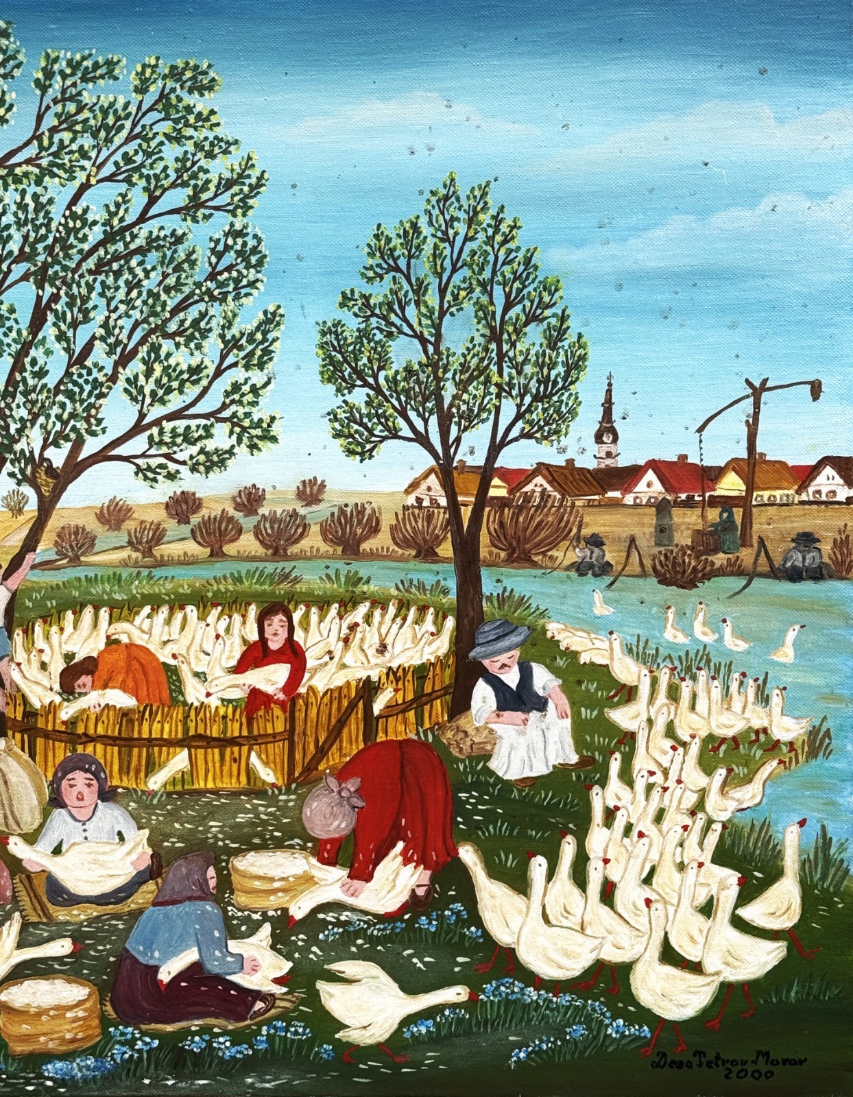 Deas Petrov-Morar (Serbian), c 2000 Naive Art Lively Communal Scene O/C, Signed!
