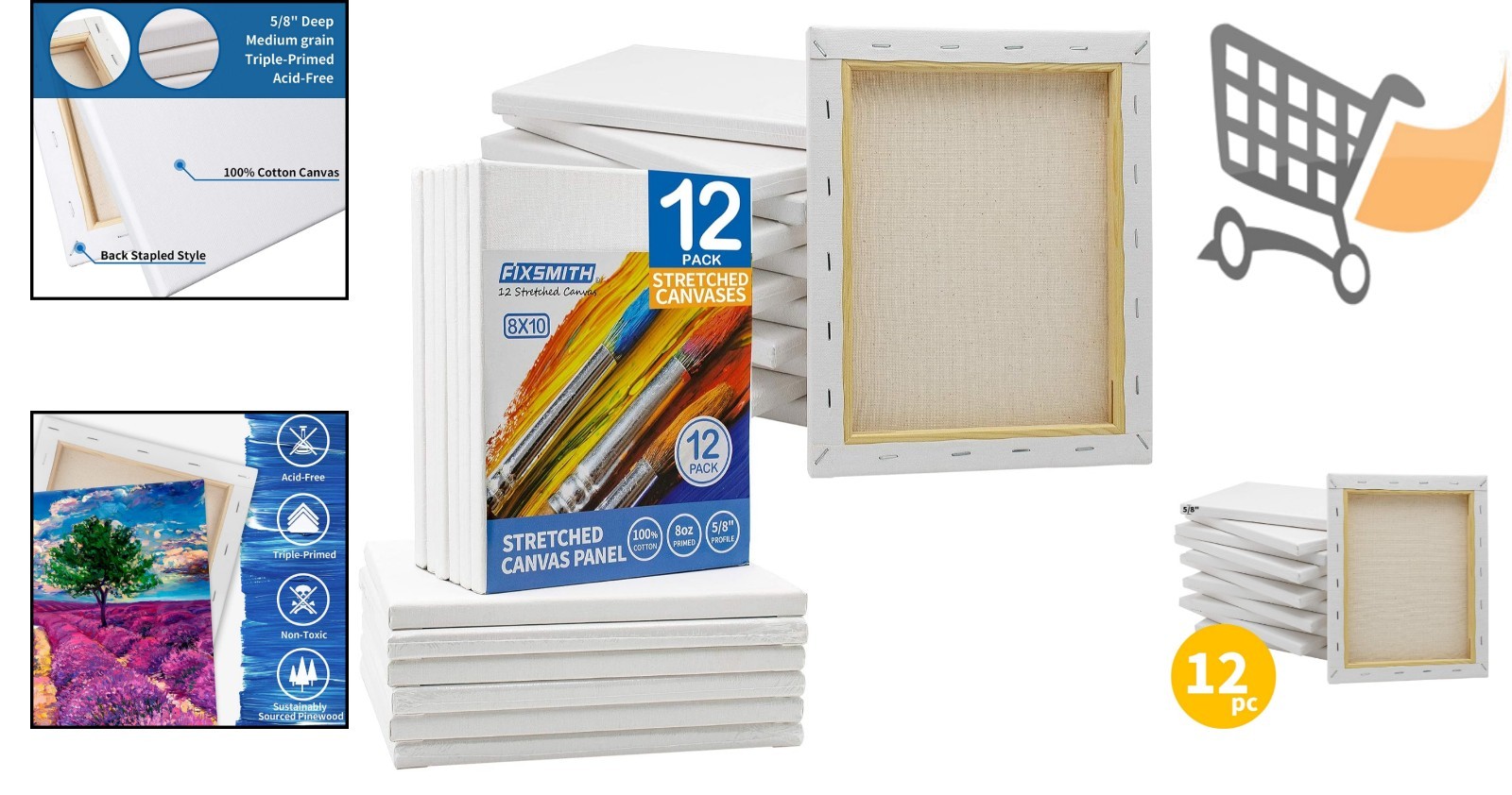 Painting Canvas Set 8×10 Inch Cotton 12 Pack Primed for Acrylic Oil Art