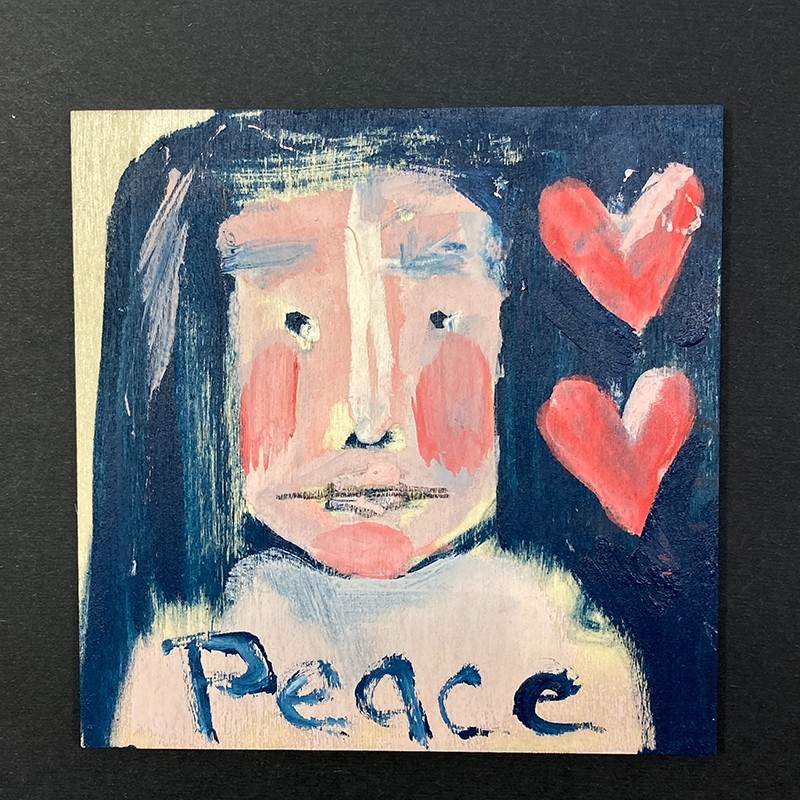 Original Portrait Painting Expressive 4×4 Naive Wall Art Lady Peace Hearts Love