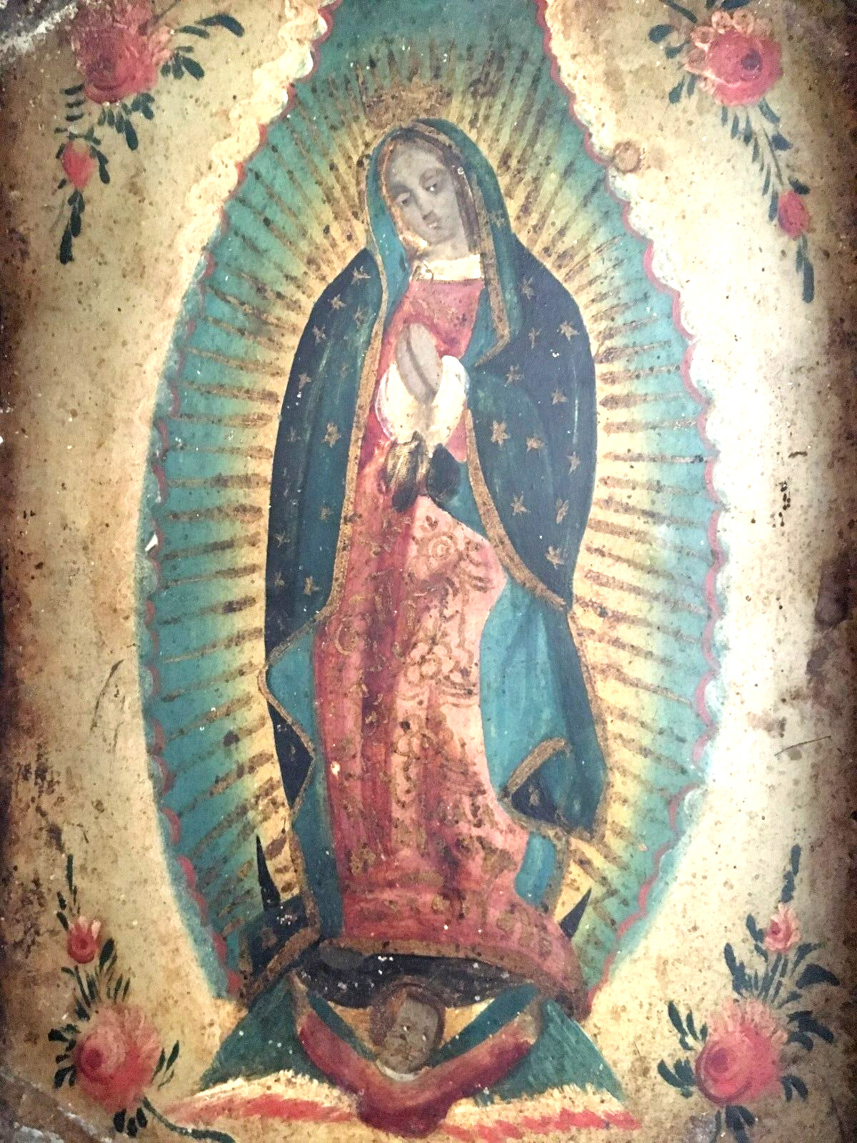18th Century Virgin of Guadalupe Oil On Tin Devotional Retablo 7″ x 10″