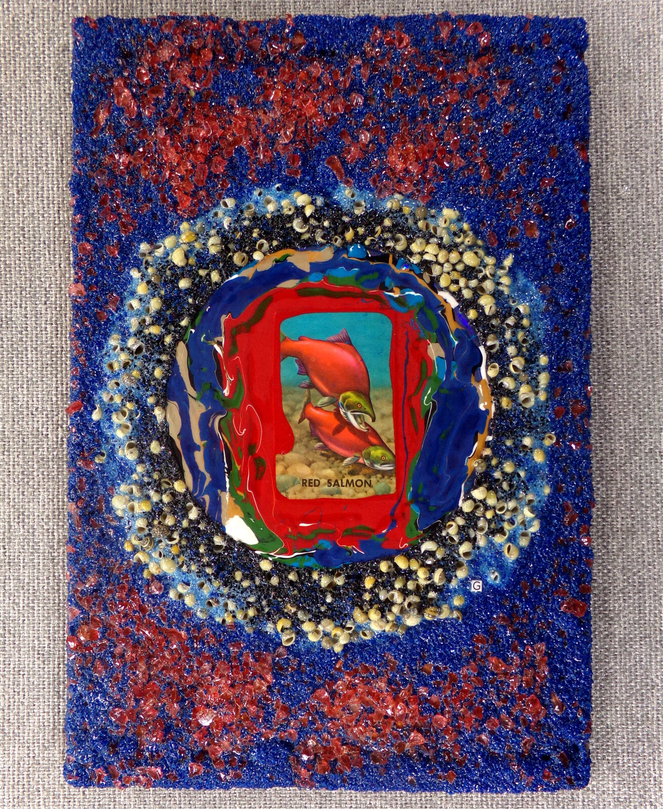 RED SALMON: Painting & Collage Art 1/1 Original On Wood Panel 2025 Glenn Shiring