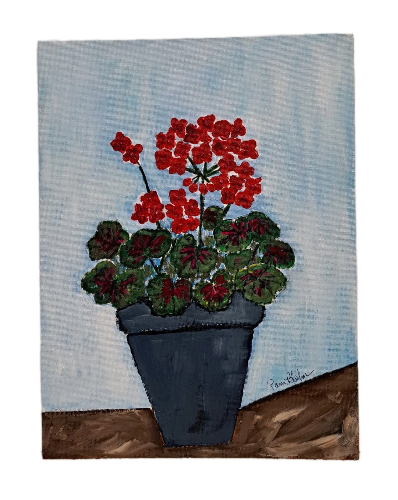 Navy Blue Pot w/Red Geraniums, 9×12″ Original Acrylic Painting on Canvas Board.