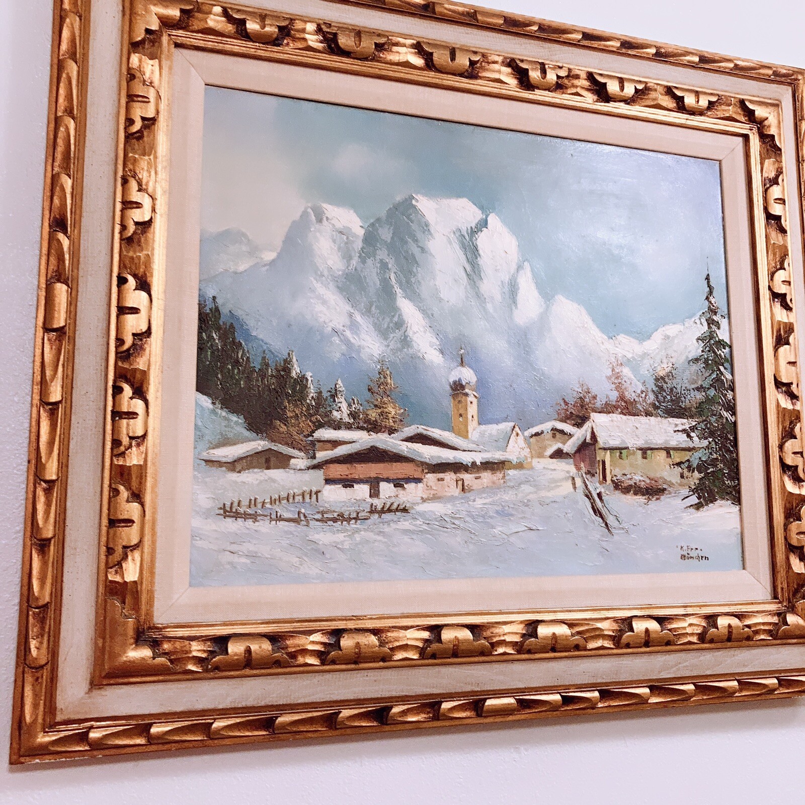 Original Oil Painting Medieval Russian Orthodox Church Village Ornate Frame